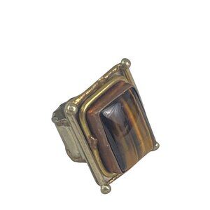 Vintage Gold-Plated Statement Ring With Rectangular Tigers Eye Gemstone & Adjust